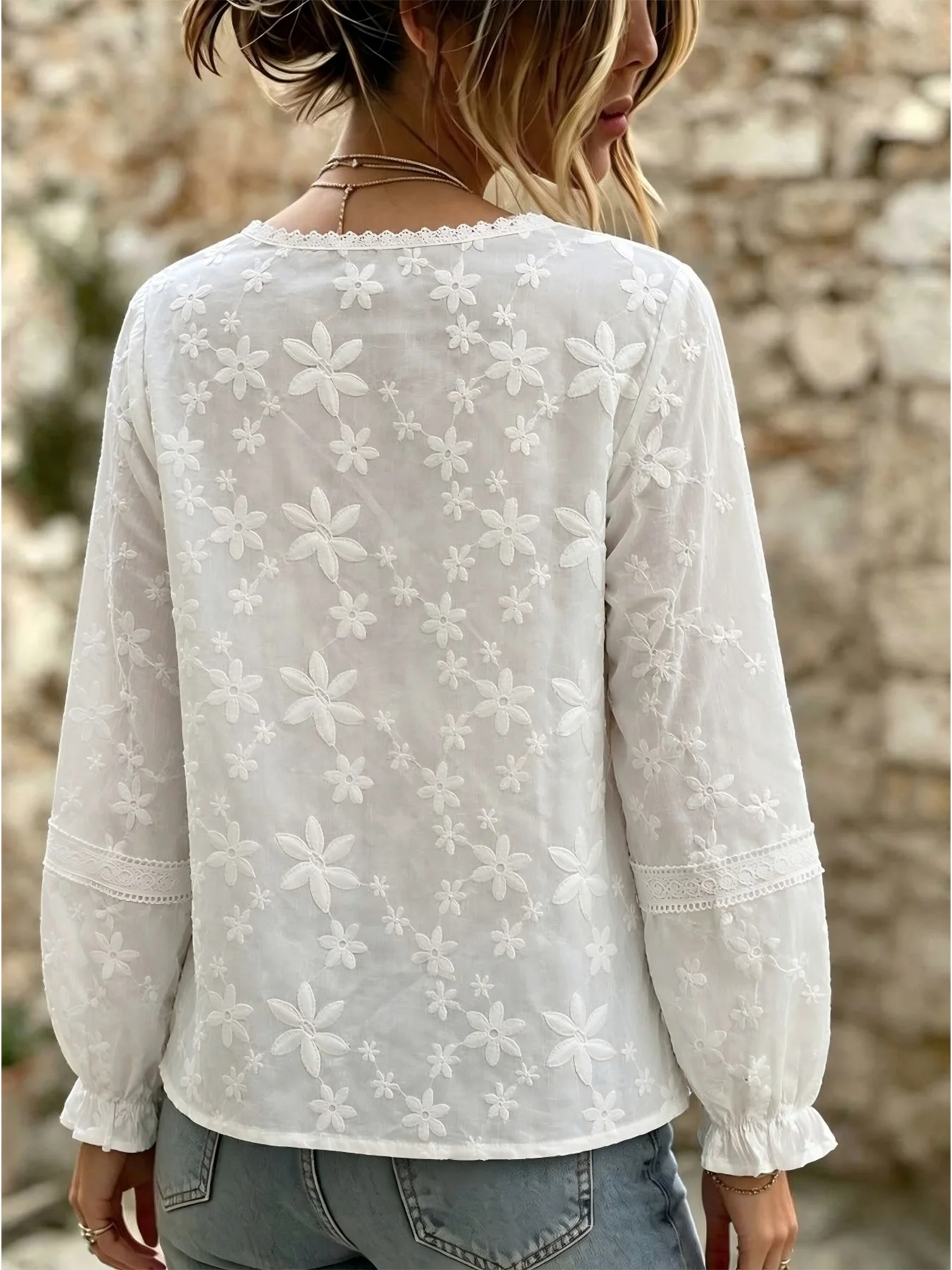 Women's 100% Cotton Crew-Neck Lace-Embroidered Top; a Relaxed, French-Vintage Style Long-Sleeve Babydoll Blouse.