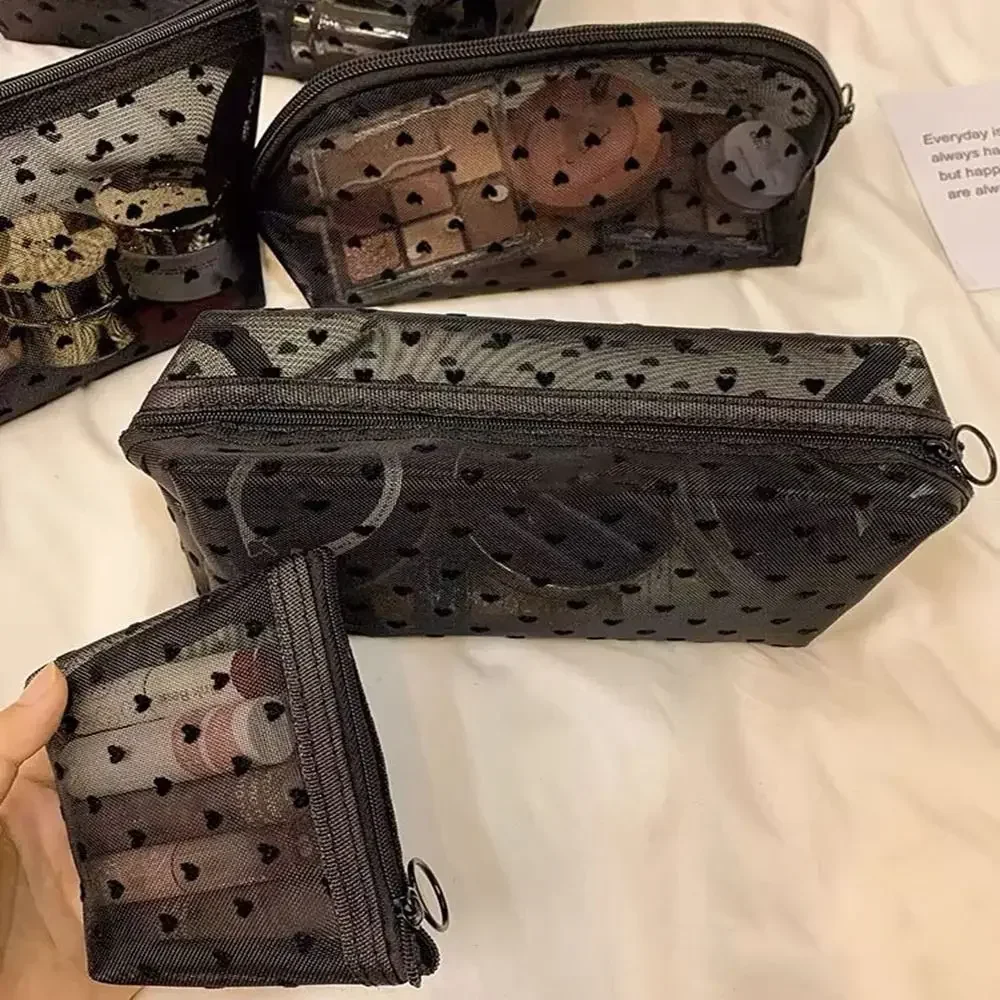 심장 투명 메쉬 메이크업 가방 다기능 휴대용 숙녀 세면 용품 보관 가방 블랙/핑크 립스틱 주최자 가방