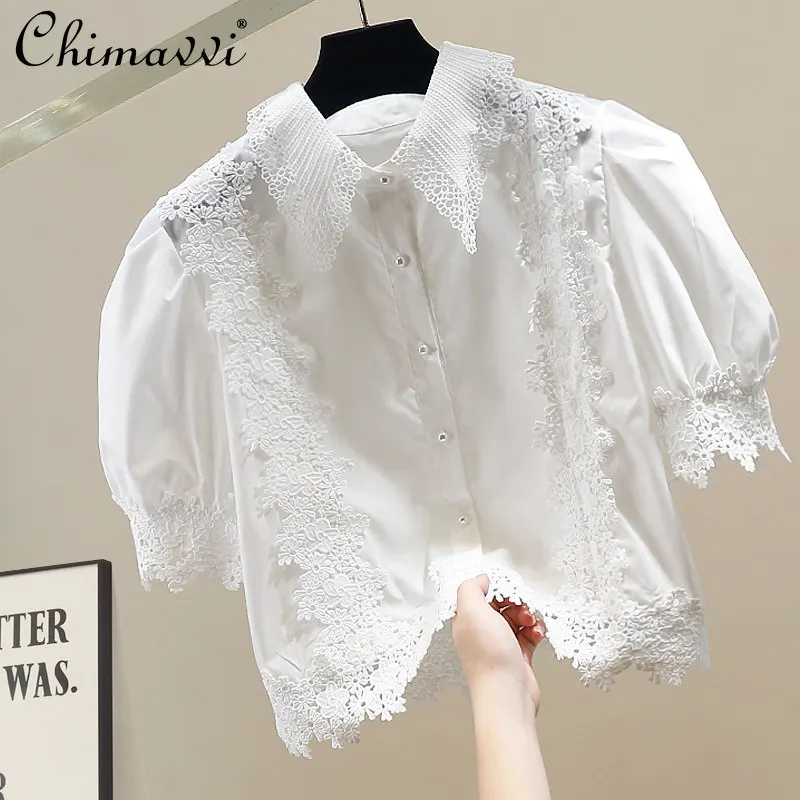 

French Fashion Heavy Industry Retrolace Style Puff Sleeve White Shirt Women's Summer New Elegant Short Silm Lace Patchwork Tops