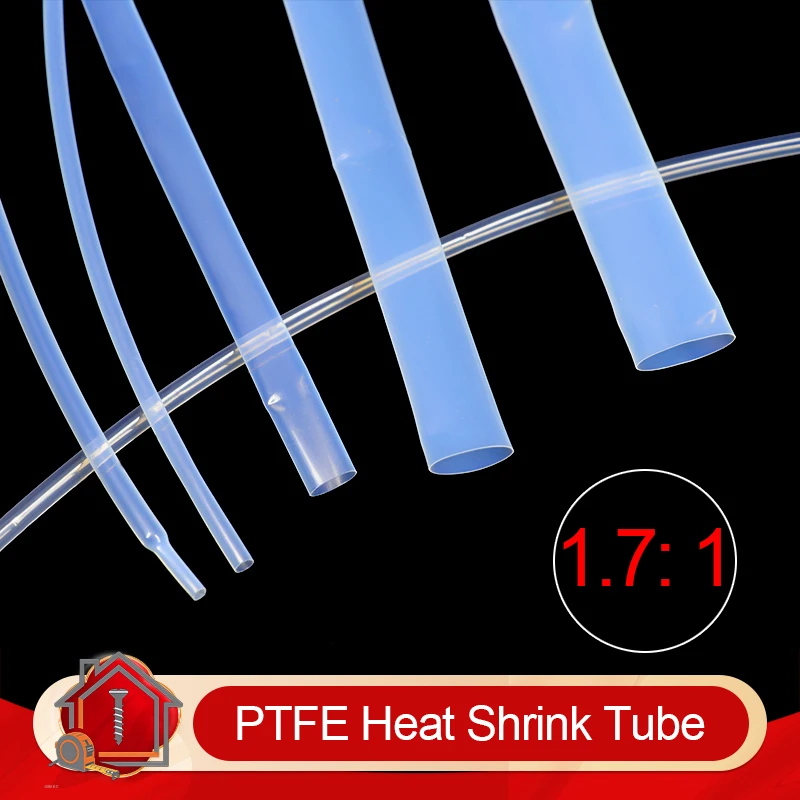Tube thermorétractable en PTFE transparent de 1/5 m, diamètre 0,5/1/2/2,5/4/5/6/8/10/12 mm, haute température 260 ℃   Tube thermorétractable 1.7:1