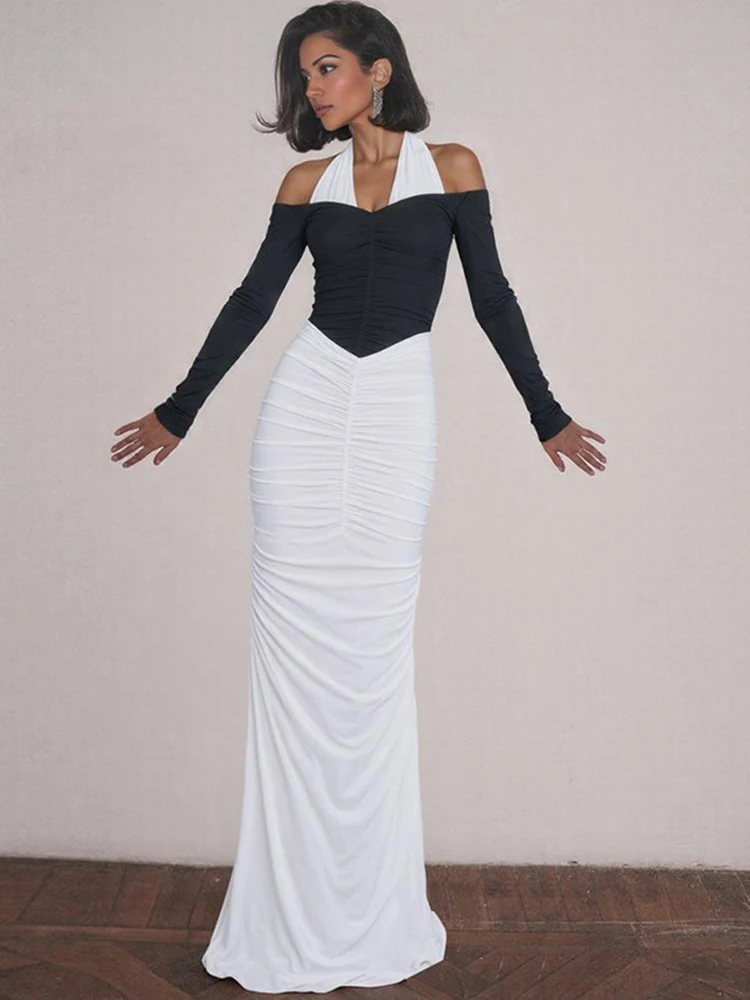 Sukienka maxi z odkrytymi ramionami, długim rękawem i kontrastowymi kolorami Sibybo, elegancka sukienka damska z patchworkiem, wiązana na szyi, z odkrytymi plecami, marszczona, dopasowana sukienka na imprezę.