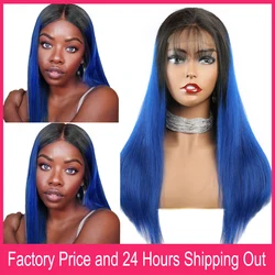 Ombre 1B Blue 13x4 Lace Front Human Hair Wigs Pre Plucked 22 Inch Brazilian Straight Human Hair Ear To Ear Lace Frontal Wigs