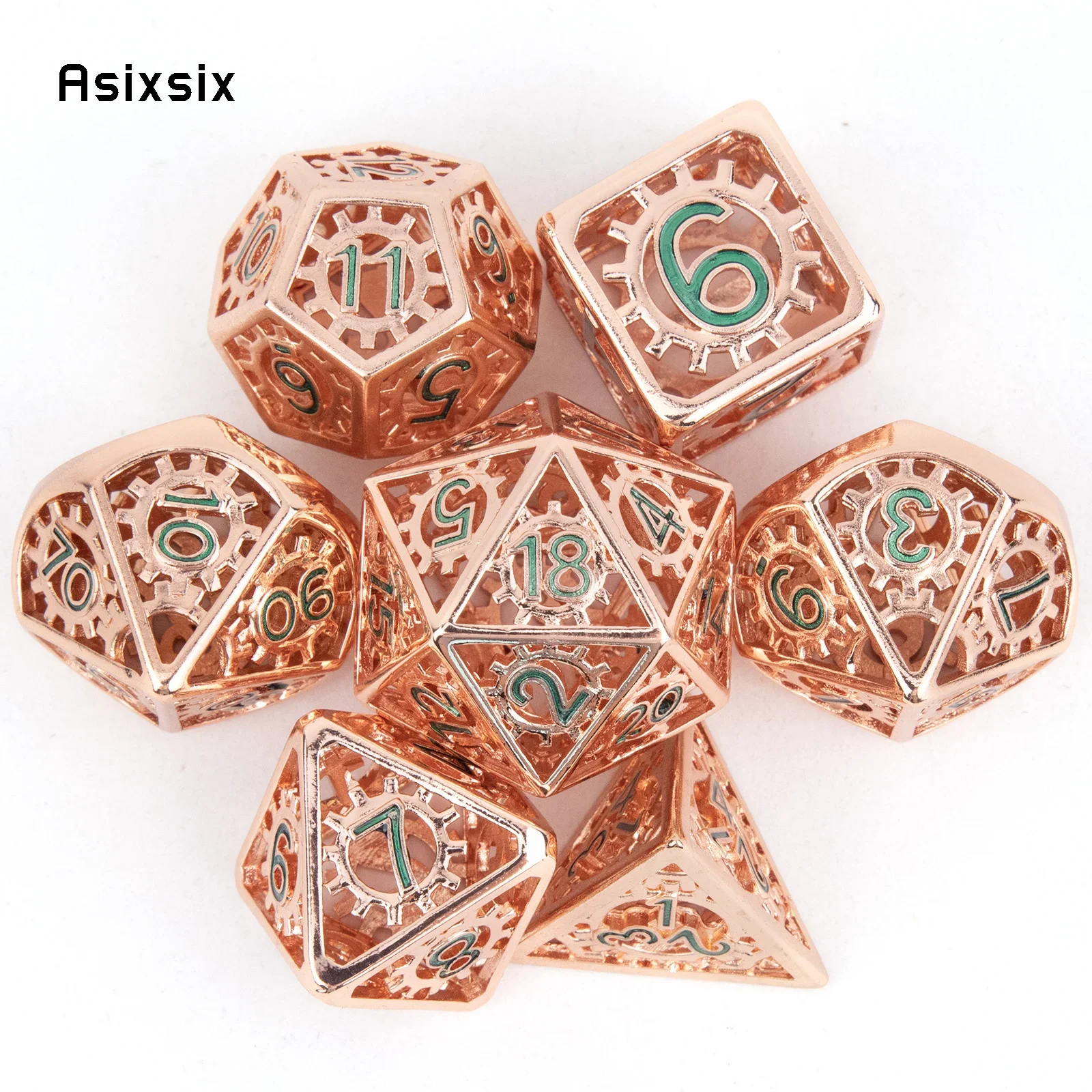 

7 Pcs Red Green Gear Wheel Metal Dice Hollow Metal Polyhedral Dice Set Suitable For Role-Playing RPG Gift Card Game