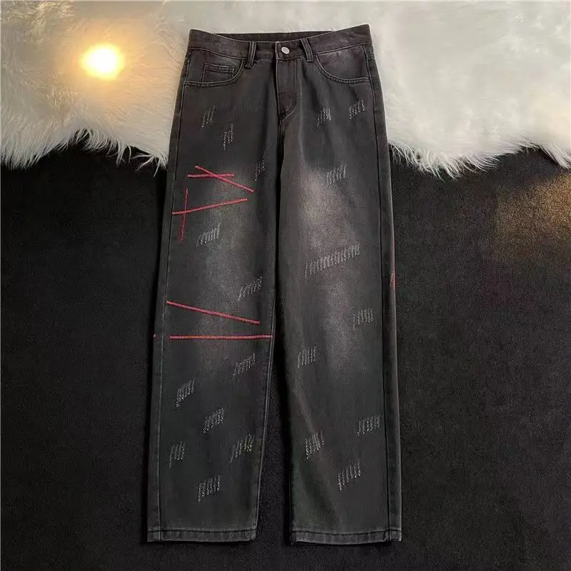 Straight-leg jeans for men and women American high-street design niche autumn and winter high-waist slim floor-length trousers