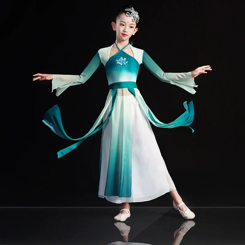 Traje de dança clássica para crianças, roupas de gaze para meninas, fan dance, chinês