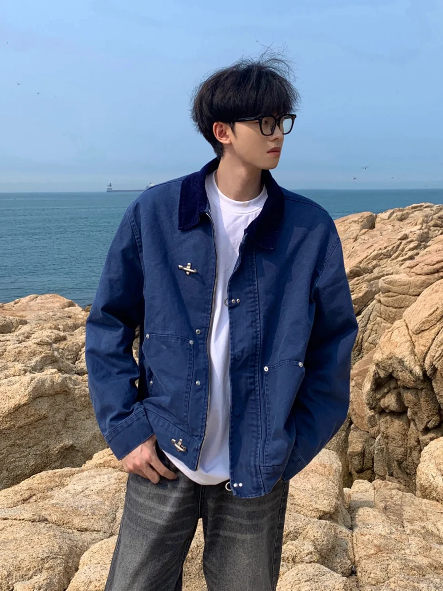 

Свободная верхняя рабочая одежда в американском стиле с металлическими украшениями и дизайном на талии для мужчин и женщин, молодежная повседневная длинная свеч...