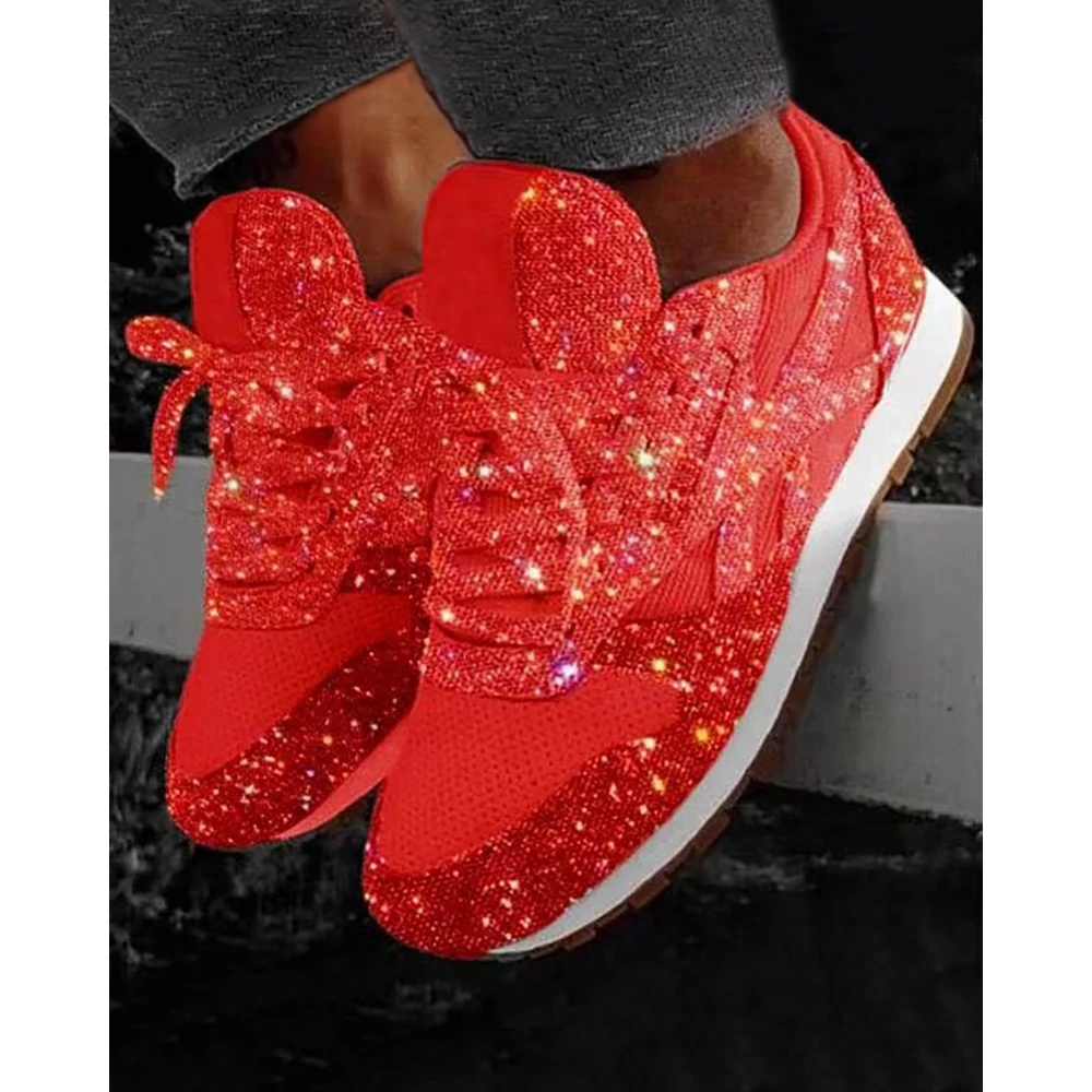 Women Bling Bling Contrast Sequin Breathable Lace-up Sneakers Casual Round Toe Flat Sports Shoes Spring Going Out Sneaker