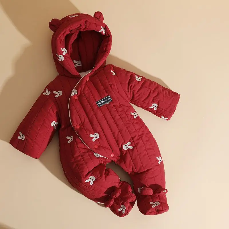 HoneyCherry Baby Winter Padded One-Pieces Footies Cute Warm Hooded Thickened Out Romper Newborn Girl Clothes