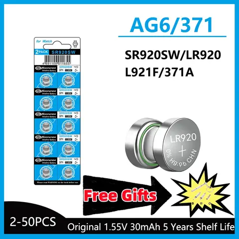 5-50 peças 1.55v ag6 30mah 371 baterias de botão sr920sw lr920 sr927 171 370 l921 lr69 sr920 para relógio brinquedos célula remota moeda massa