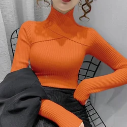 Woman Orange Yellow Green Blue Purple Sweater T Shirt Long sleeved Blouse Women High Neck Knitted Shirt Womens Blouses Elegant