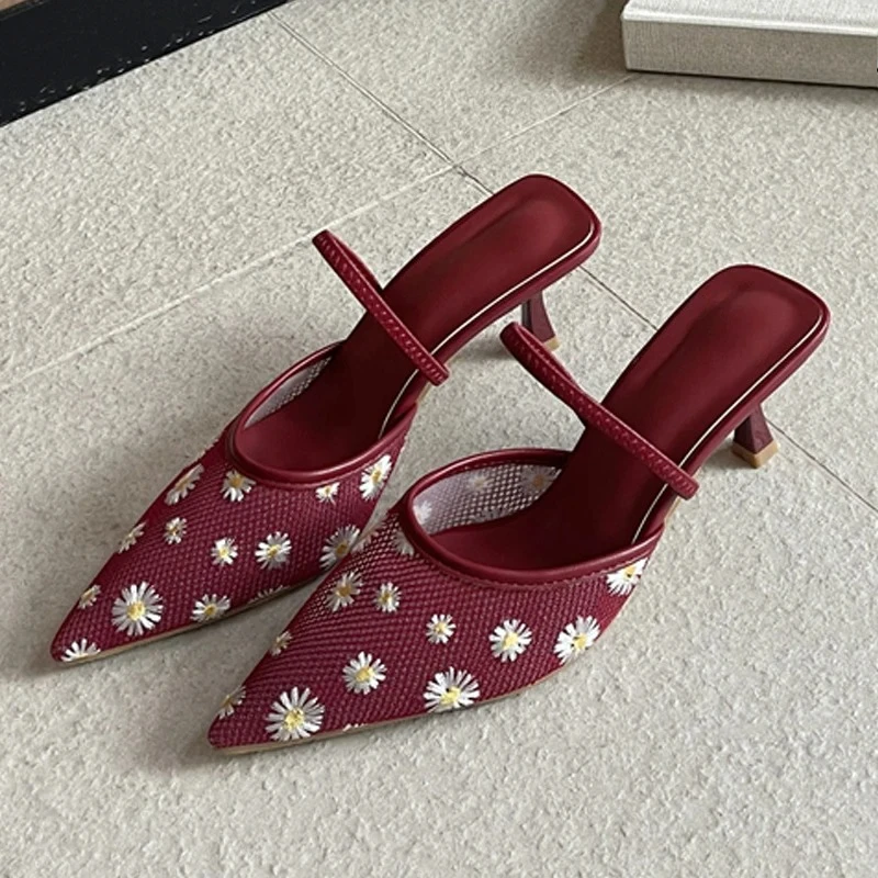 

Aneikeh Fashion Summer Bohemia Flower Mesh Pointed Toe Mule Slippers Woman Elegant Thin Heels Party Slingbacks Shoes