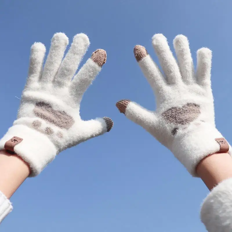 Guantes de invierno para pantalla táctil con patrón de Pata de Gato para mujer, guantes cálidos de dedos completos para hombre, con pantalla táctil