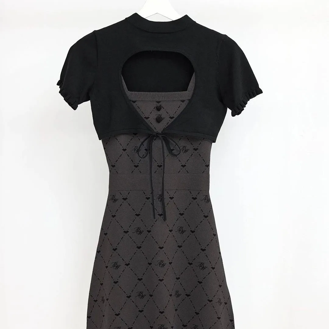 Stile giapponese elegante amore scava fuori manica corta scialle grembiule carino fiocco posteriore jacquard senza maniche bretelle abito corto a trapezio