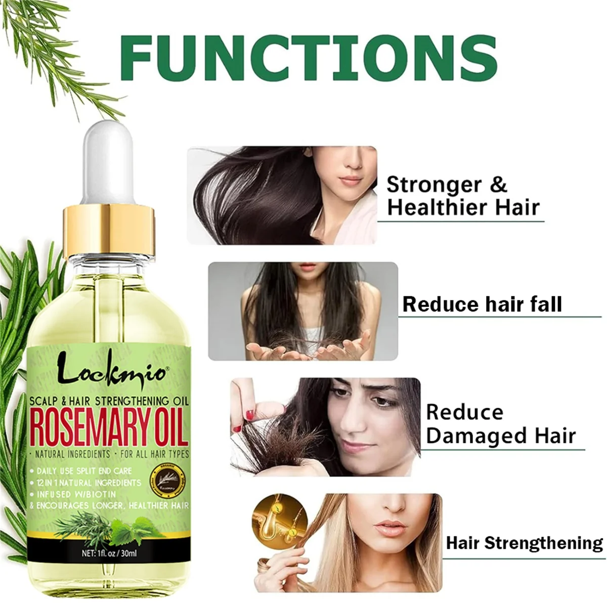 LOCKMIO Natural Rosemary Oil Massage Scalp Moisturizing Nourish Strengthen Hair-Root Promote Hair Growth Hair Care Oil with Comb