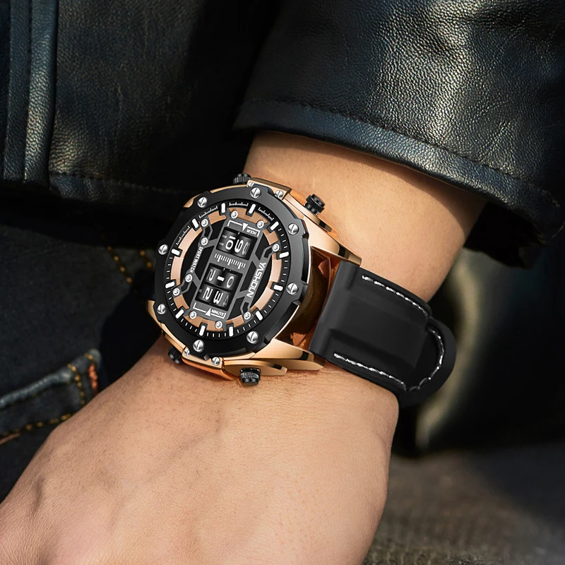 YASHIDUN ساعات المعصم الرجالية الفاخرة الأسطوانة ساعات الكوارتز الرقمية جلدية سوداء الإبداعية الساعات للذكور ساعة رياضية عسكرية