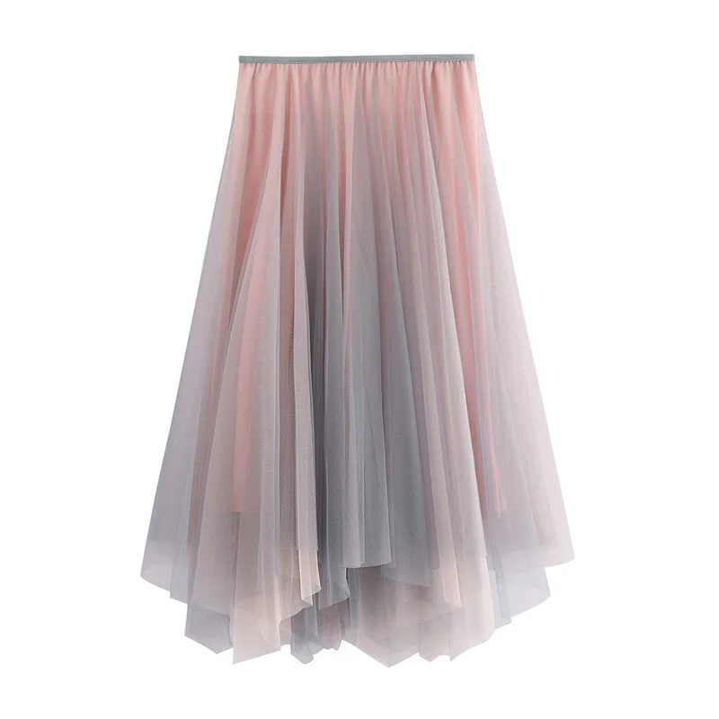 

Pink Green Irregular Midi Long Tulle A-line Skirt Women 2022 Autumn Winter Sweet Gradient Color High Waist Skirt Female