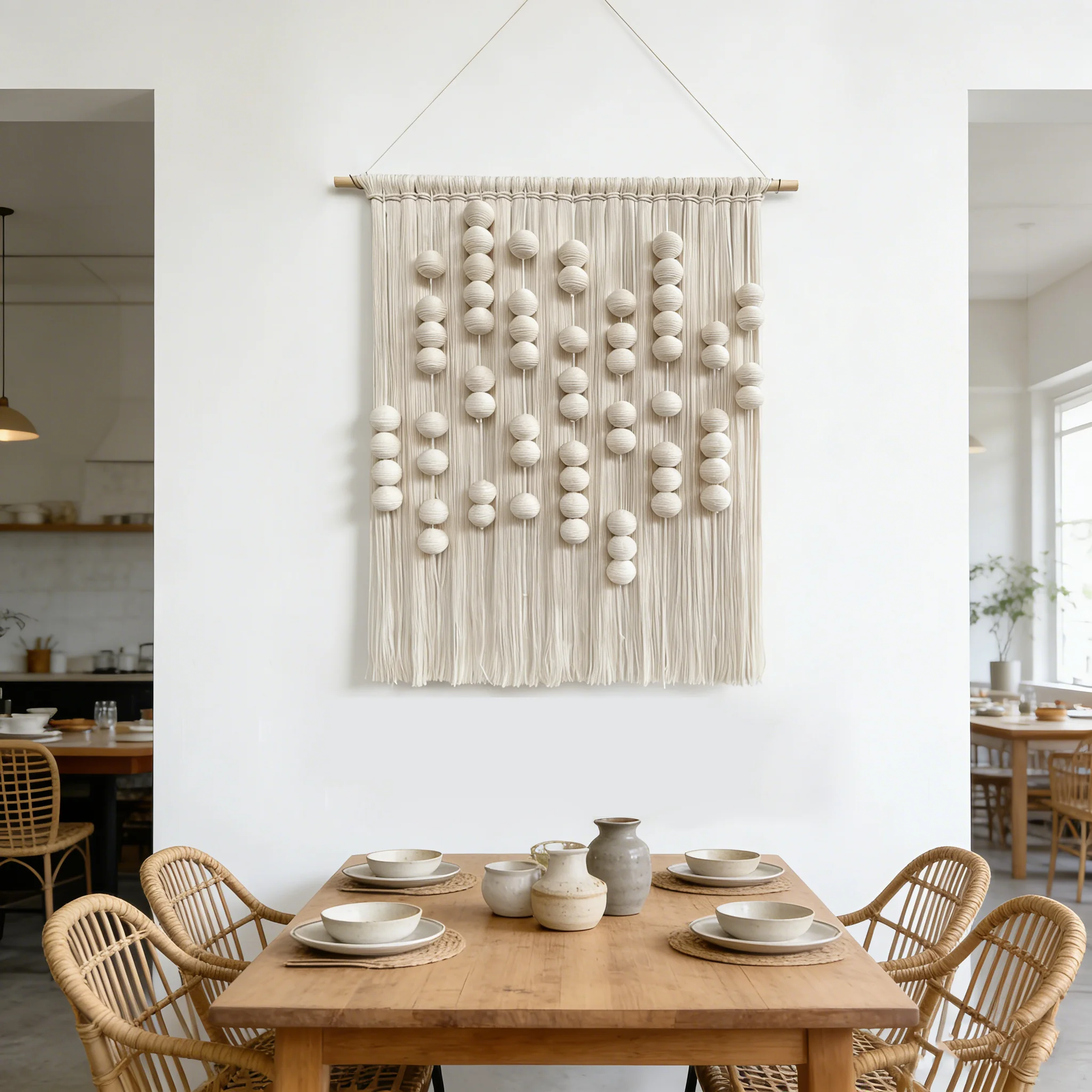 Double Layer with Bubble Mid Century Tassel Tapestry Macrame Wall Hanging Decor Art Home Decor for Dining Room