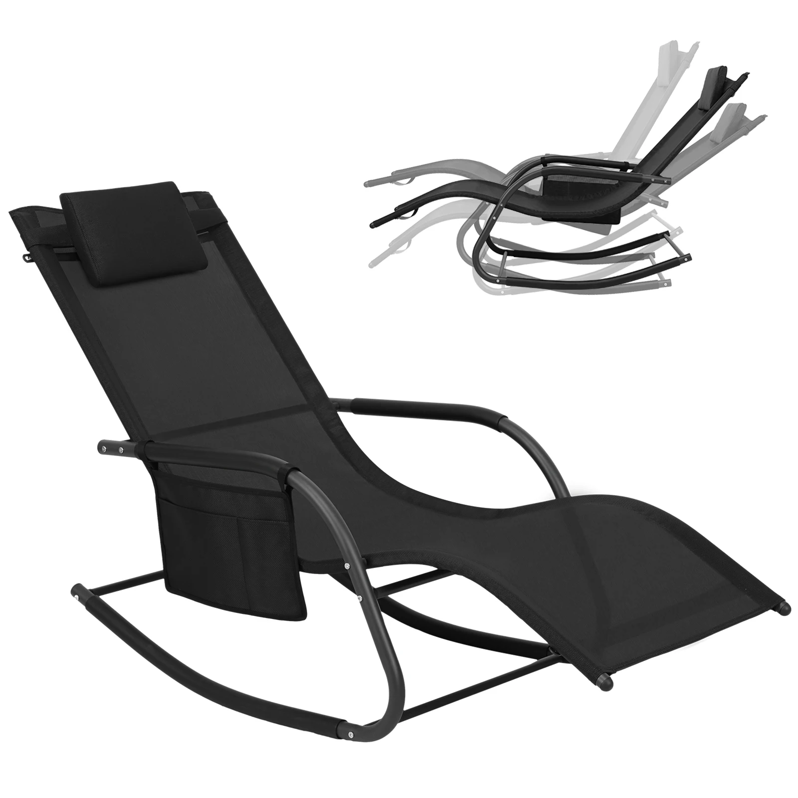 Garden Sun Lounger Rocking Leisure Chair Outdoor Deckchair with Side Pocket Headrest Armrests for Courtyard Balcony