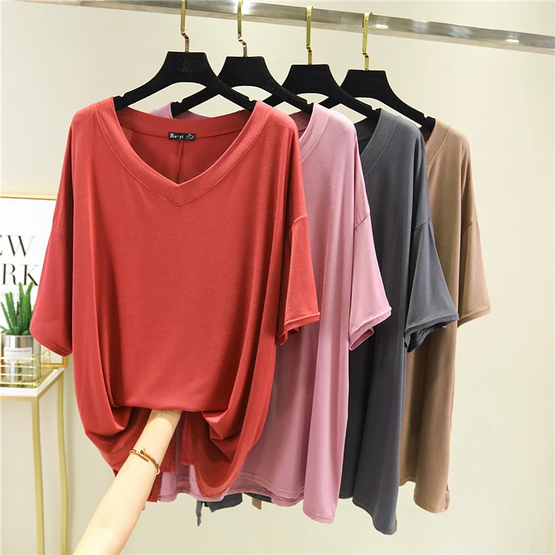 Korean Style Summer Thin Loose Half Sleeve T Shirt Women's  Slimming V-neck Shirt Solid Color Modal Bottoming T-Shirts