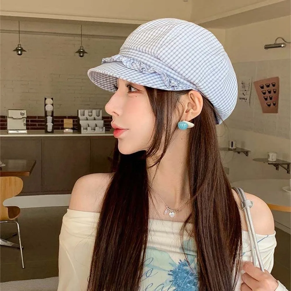 

Solid Color Fine Plaid Beret Korean Style Big Head Circumference Spring Painter Cap Polyester Versatile Ruffle Octagonal Hat