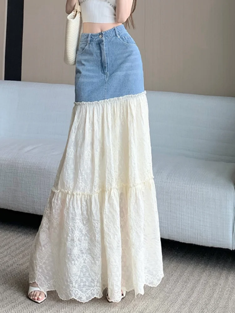 

SMTHMA New Summer Lace Denim Patchwork Skirt Women's Fashion Design High Waist Multi-Layer Embroidery Long Skirt