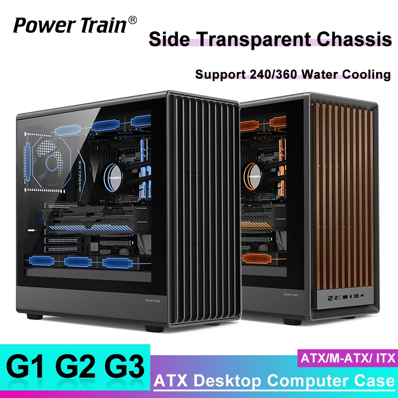 

Power Train G1 G2 G3 Desktop Computer Case ATX Glass Side Transparent Chassis Mesh Gaming PC Case Support 360 Water Cooling