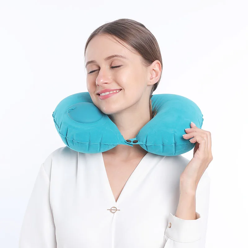 New Fashion Air Filled TPU U shape foldable flocked Auto Press Pump inflatable travel neck pillow