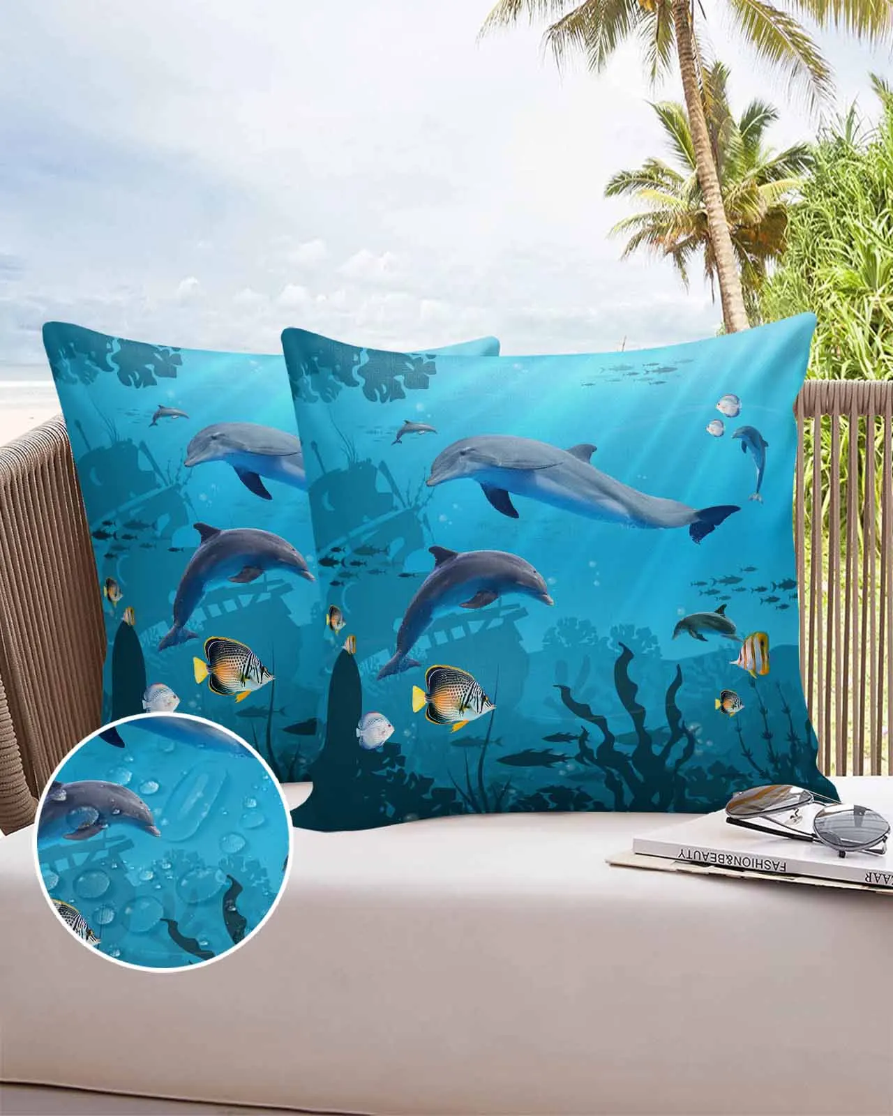 

Summer Ocean Dolphin Fish Marine Life 2/4PCS Outdoor Pillowcase Waterproof Sofa Pillow Cover Garden Cushion Covers Home Decor