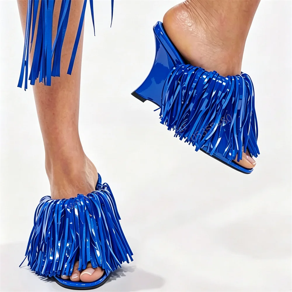 Blue Fringe Pu Leather Wedge Heel Sandal Women Sexy Open Toe High Heel Slingback Runway Style Slip On Solid Color Dress Mules