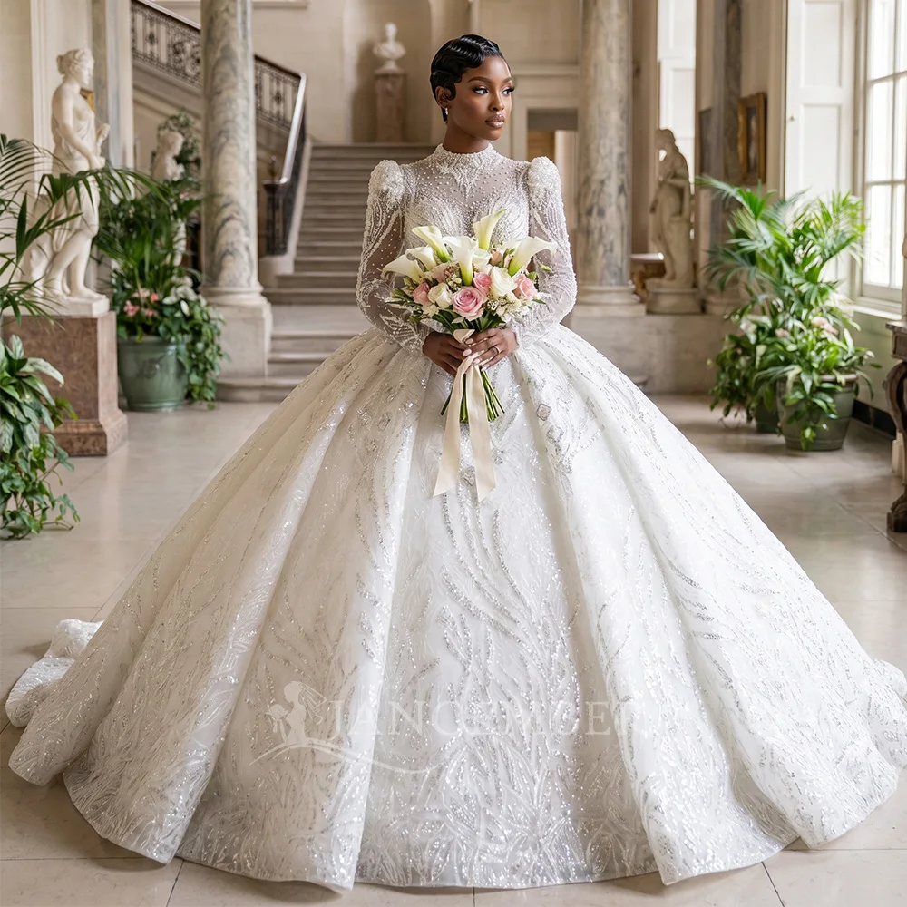 

Customized Gorgeous O Neck Long Sleeve Wedding Dress International Sequined Beads Pearls Ball Gown Bridal Vestido De Noiva XS130