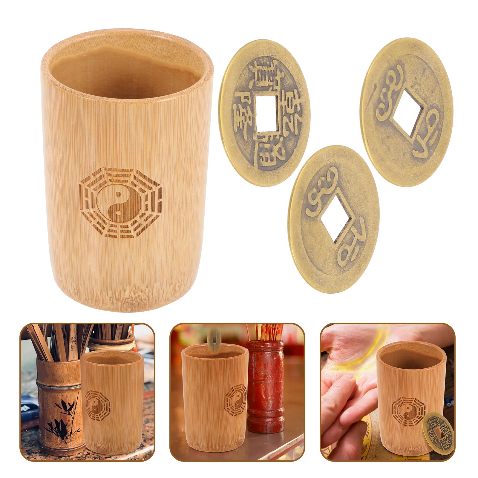 Fortune Telling Game Ching Divination Bamboo Tube Copper Coins with Pot Charm Energy Rod Props