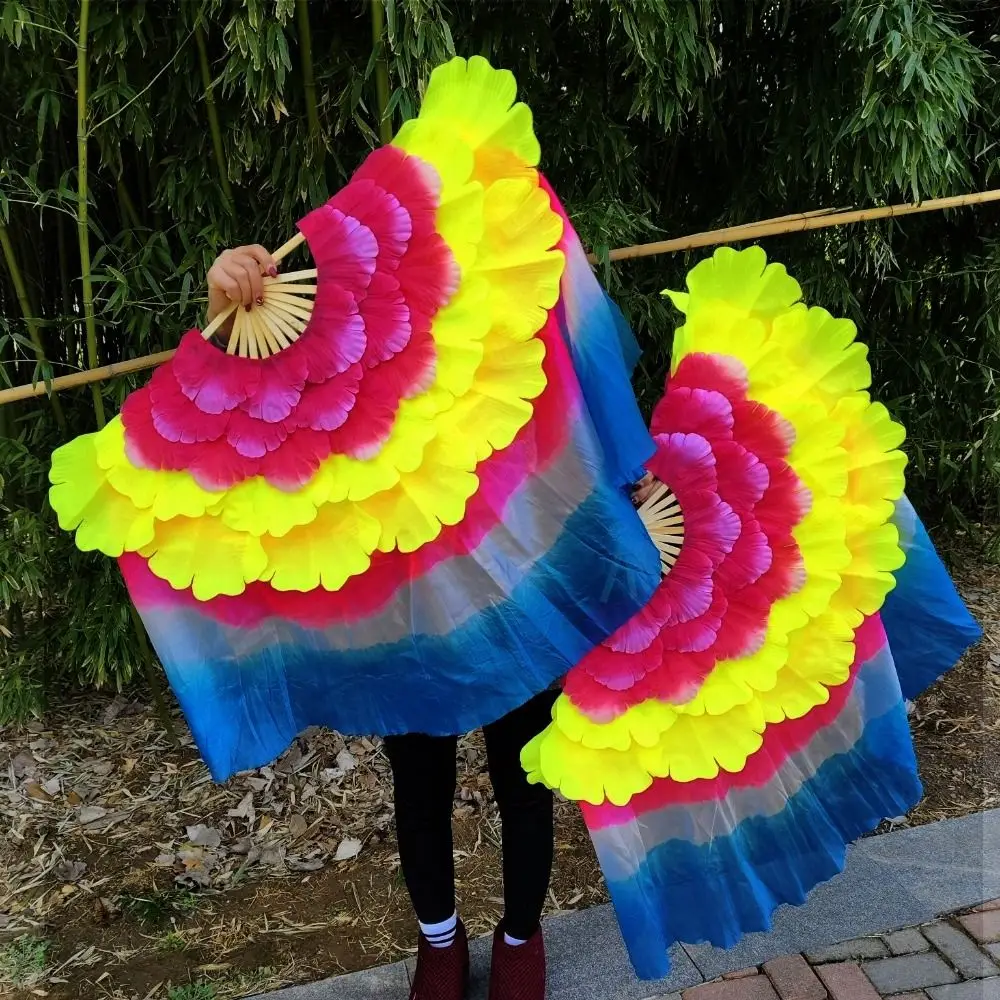 

31/36cm Dancing Fan 5 Layers Double Petal Peony Flower Dance Hand Fan +35cm Half Circle Silk Veil Pairs Performance Props