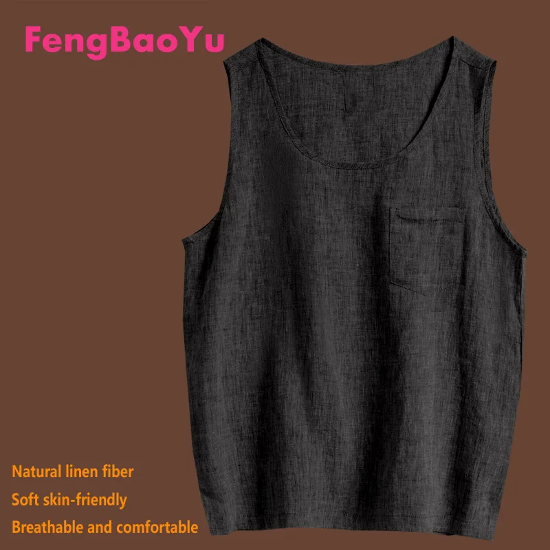 Fengbaoyu Linen Summer Vest Men's Loose Cotton Linen Shirt Sleeveless Round Collar T-shirt Wearing Casual Vest Large Size 5XL