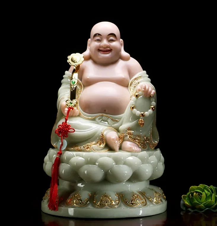 27cm LARGE- High-grade Home Shop TOP Efficacious Talisman Mascot Maitreya Smile Buddha  Jade Gilding Carving Sculpture Statue