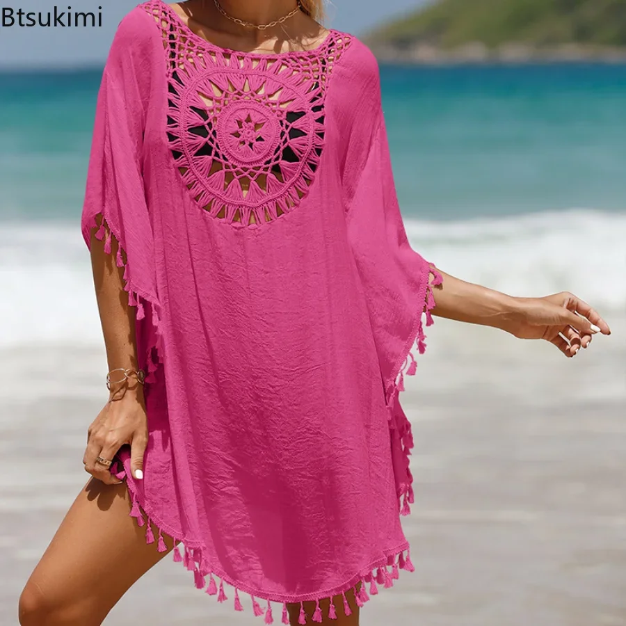 2024 Women’s Summer Holiday Beach Cover Up Hollow Out  Beachwear Solid Color Stitching Skirt Tassels Sunscreen Sexy Beach Smock