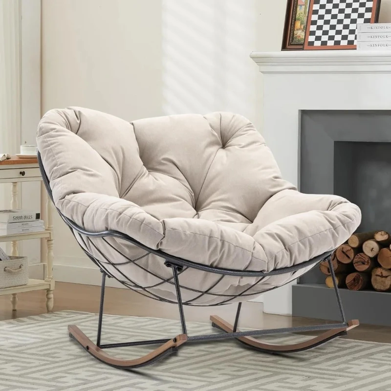 Patio Rocking Chair, Oversized Papasan Chair with Cushion and Frame, Comfy Modern Rocker Egg Chair for Living Room, Gard