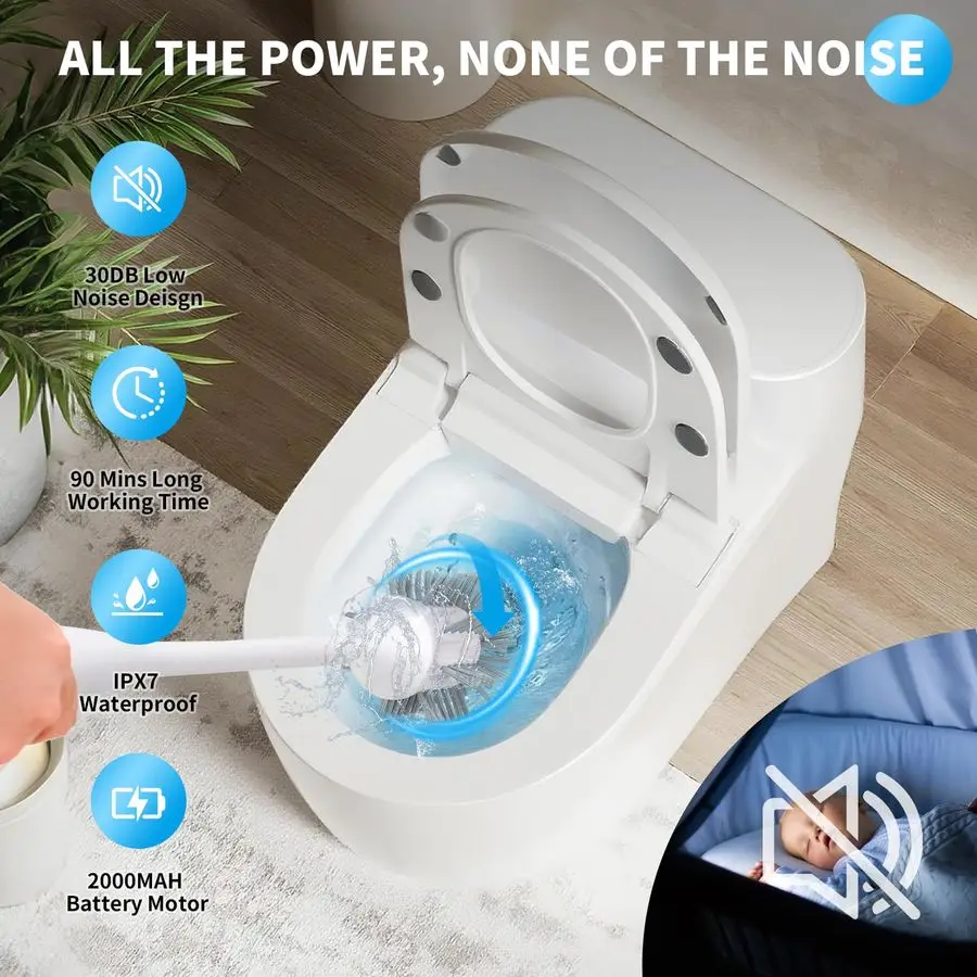 Scopino per WC, potente lavapavimenti ultra silenzioso, spazzola autopulente impermeabile IPX7 per malta per vasca da bagno, spazzola rotante senza fili