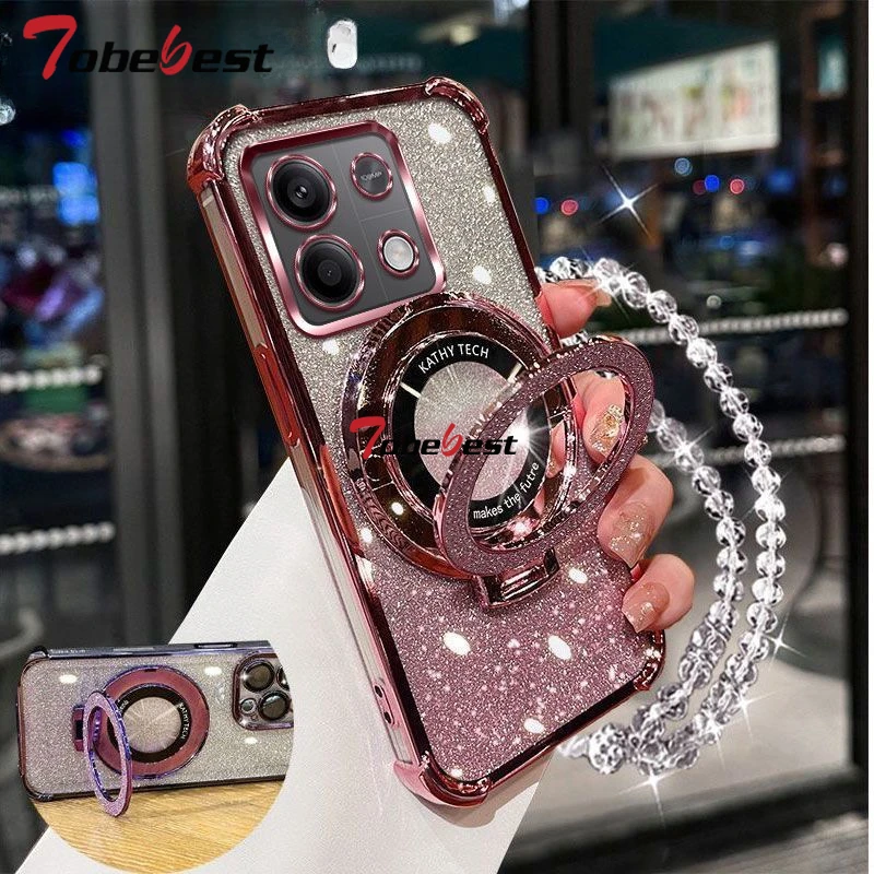Shockproof Glitter Plating Crystal Bracelet Magsafe Phone Holder Case For Xiaomi Redmi Note 14 13 13R 12 11 10  9 Pro 4G 5G