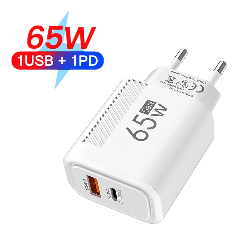 PD 65W USB C Charger 3.0 GaN Charger Type C Power Adapter With 2-Port Fast Wall Charger Compatible for iPhone Samung EU US Plug