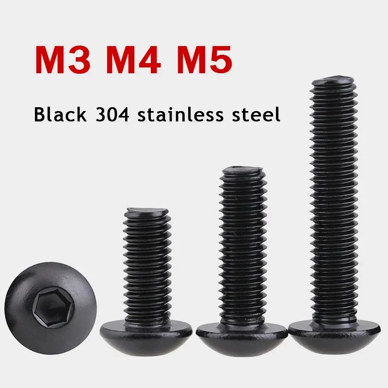 

Black Plated 304 Stainless Steel Mushroom Button Allen Screw M3 M4 M5, Hexagon Socket Dome Head Fastener Bolt, 5mm-30mm