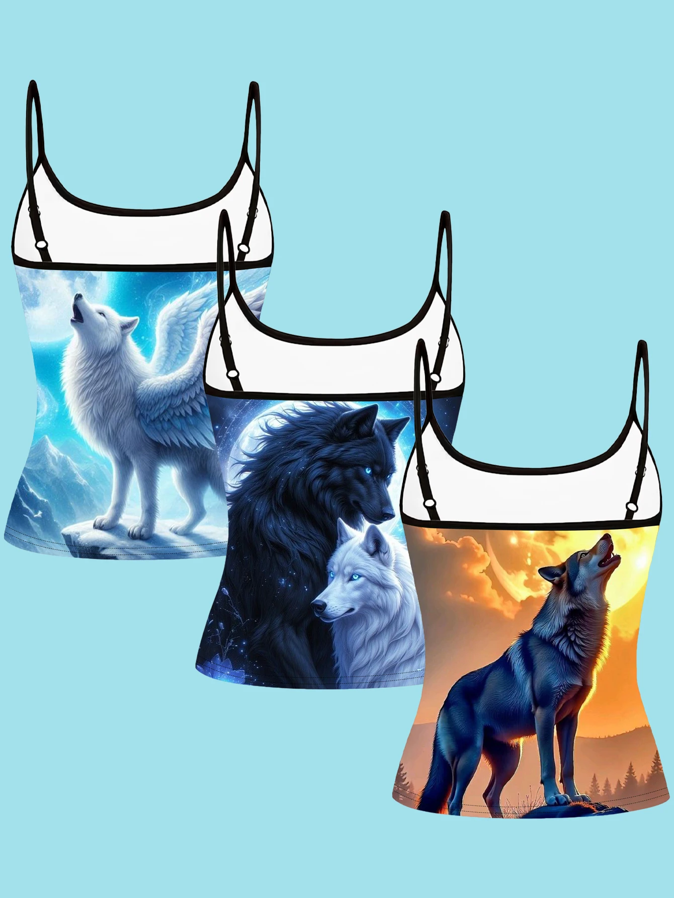 3-Piece Set: Moonlight Wolf Wings Snow Mountain Full Moon Print Thin Strap Tank Top, Fantasy Blue Lotus Sunset Wolf Slim Fit Sleeveless Top, Romantic and Beautiful Layering and Outerwear Base Shirt