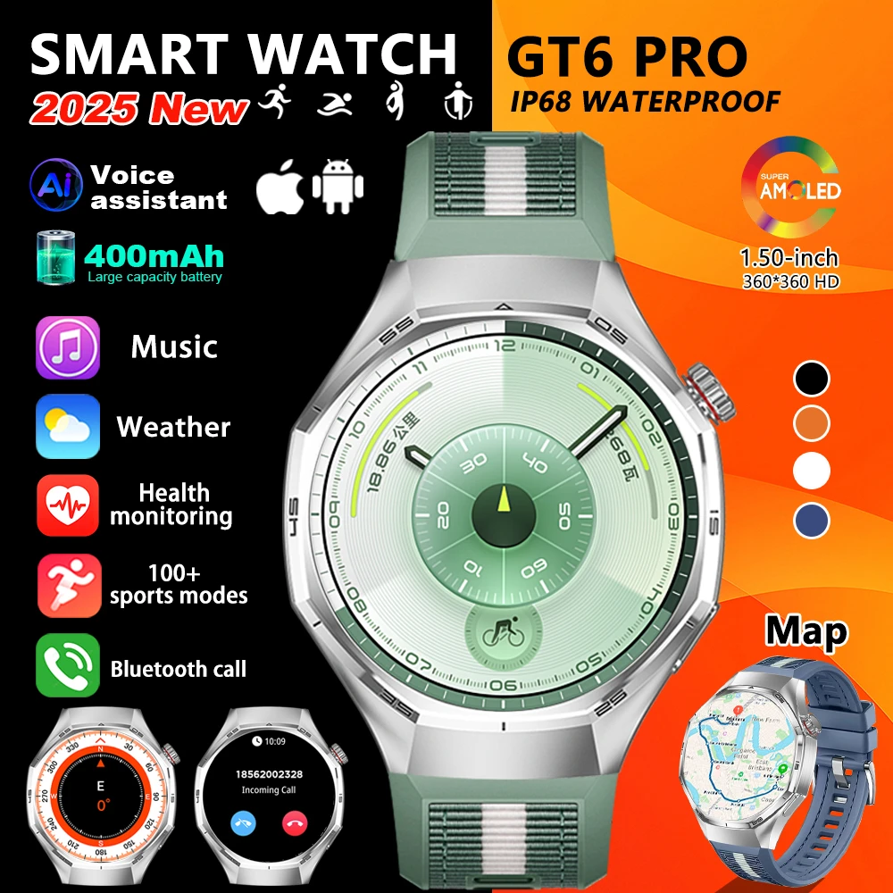 

2025 New Watches GT6 Pro GPS Track Smart Watch For Men Women Health Sport AMOLED Heart Rate Bluetooth Call Waterproof Smartwatch