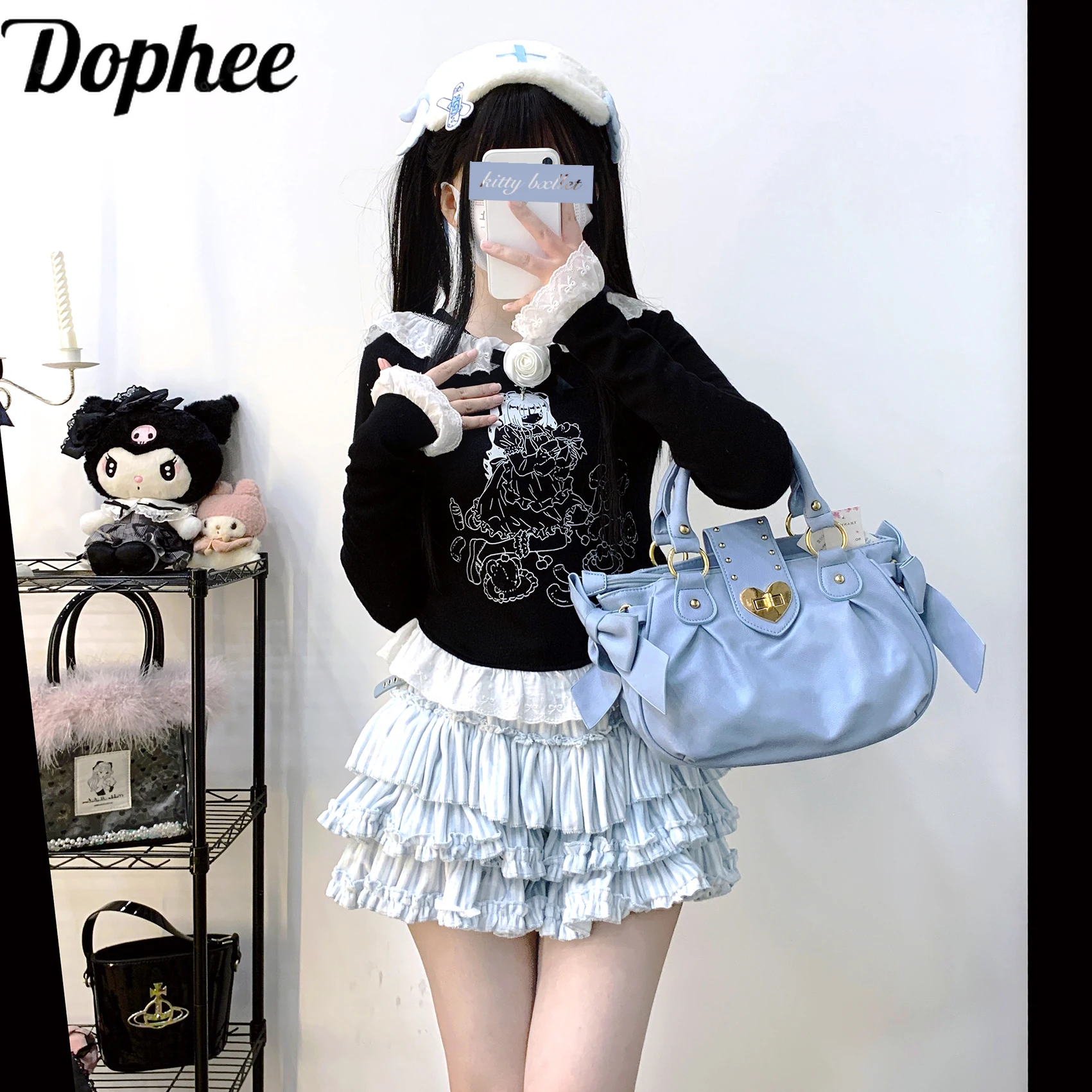 Dophee Original Landmine System Ruffles Hooded Pullover Top Cartoon Printed Young Girls Japan Style Long Sleeve Slim Sweatshirt