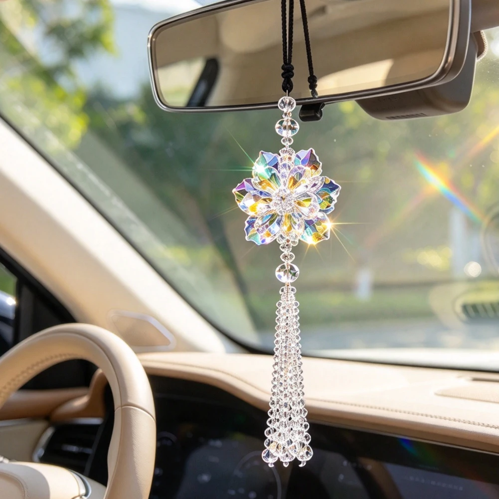Kristall-Schneeflocken-Sonnenfänger für Auto-Rückspiegel, Hängedekoration, AB-Prisma-Anhänger mit Perlenquaste, Fensterornament für Zuhause – Detail 2