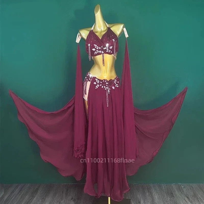 Kostium do tańca brzucha, nowy zestaw: top zdobiony cyrkoniami i długa spódnica z rozcięciem, strój do występów tanecznych na scenie, odzież dla kobiet do tańca orientalnego.