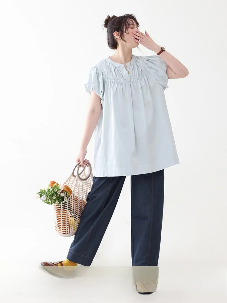 

AMUU Original Blue Bud Sleeve Midi Shirt Women's Summer New round V-neck Pure Cotton Top Breathable Comfortable Korean Style