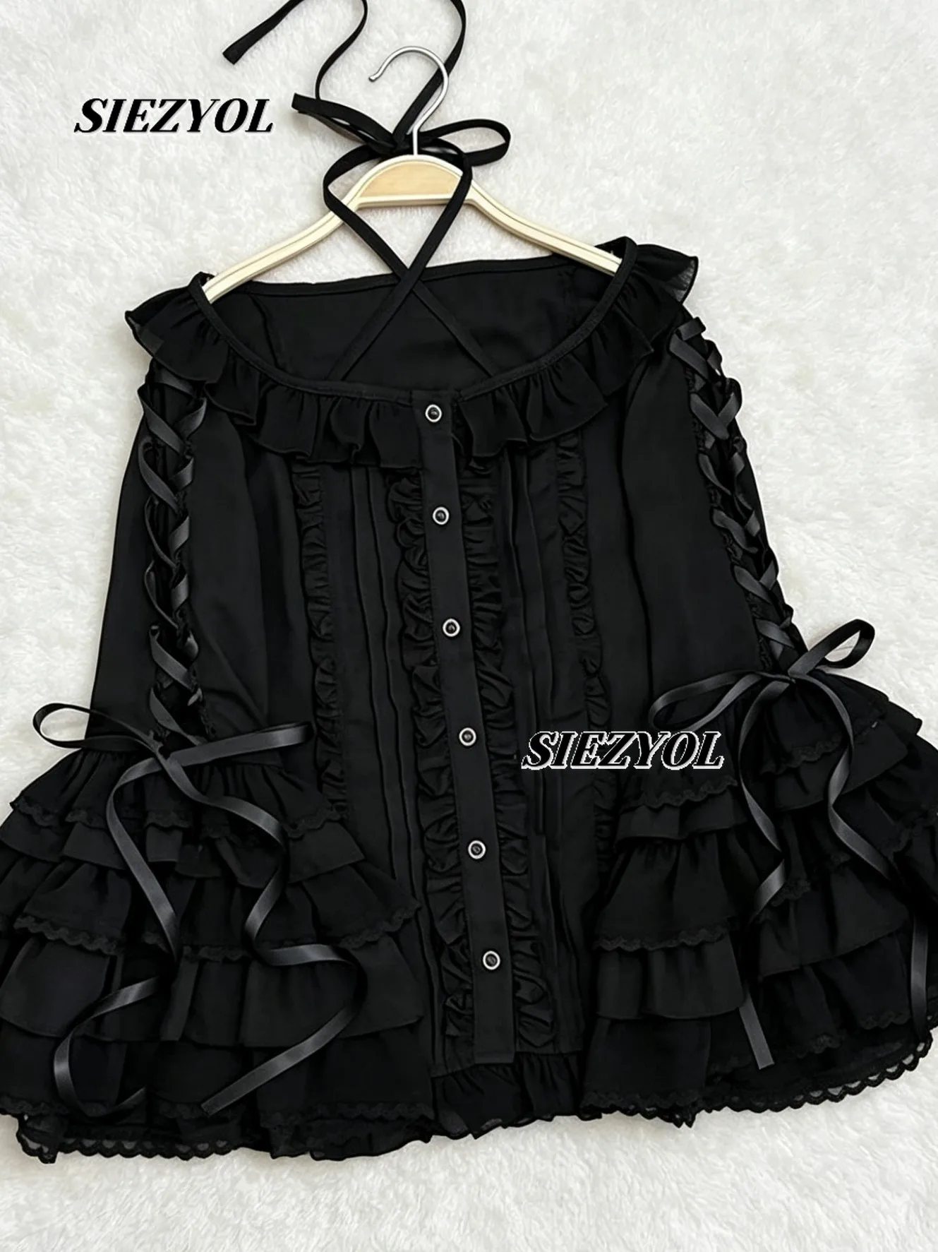 Blouse Black Retro Lolita Inner Top Autumn New Sweet and Cute Girls Versatile Horn Sleeves One-word Shoulder Solid Color Shirt