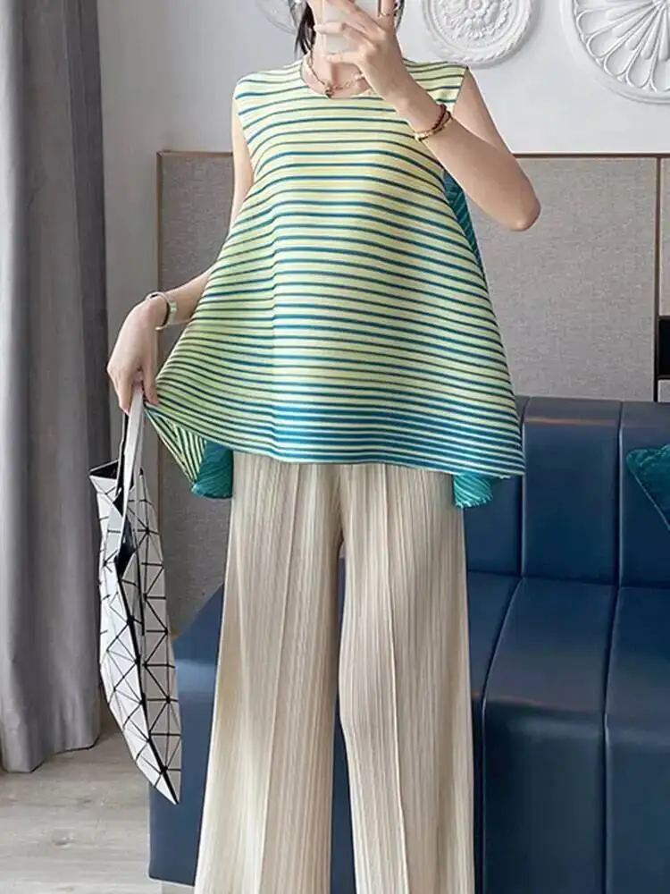 Pleated Print T Shirt Women Round Collar Sleeveless Loose Irregular Casual Elegant New 2026 Female Pullover Tops 17GOKJX
