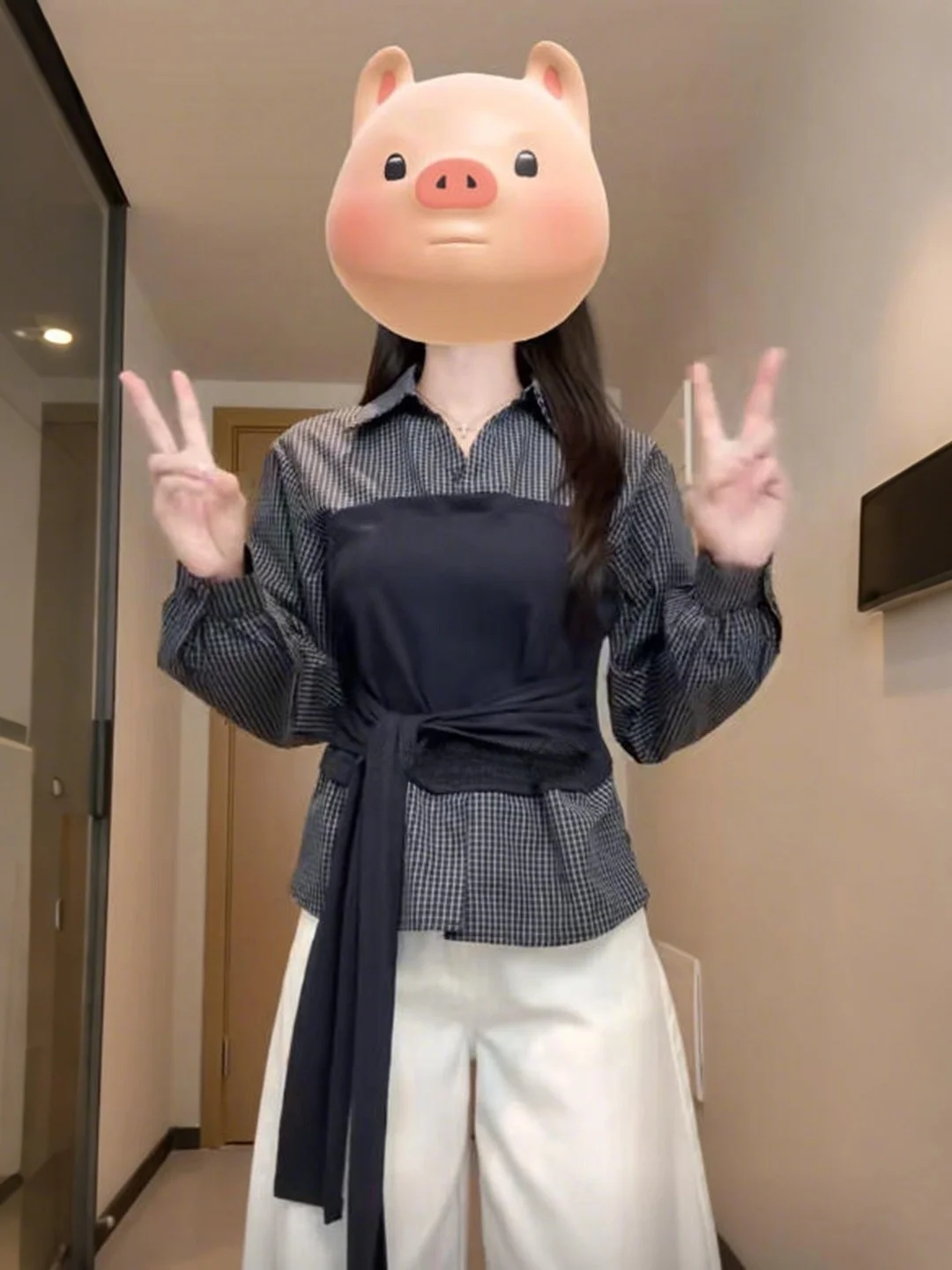 

Korean Sle Long Sve irt Women's Spring Design Slim Fit Plaid Patchwork Belted Waist Cinched Turn-down Collar Top