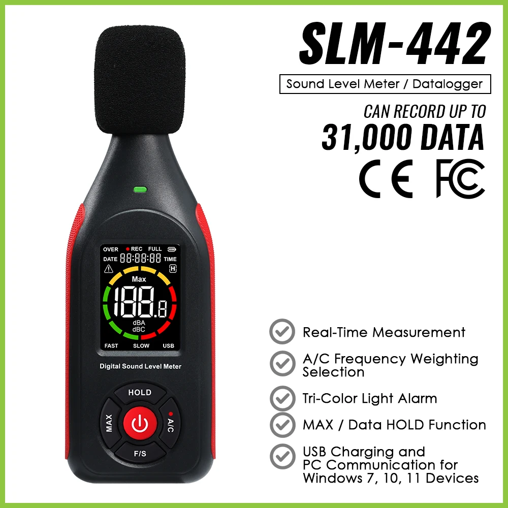 Medidor de Nivel de Sonido Digital, Decibelímetro, Probador de Ruido, 31,000 Registros de Datos, Alarma de Alta y Baja, Frecuencia Ponderada, Pantalla a Color